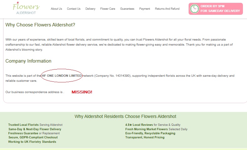 Misleading Florist Websites Claiming Aldershot Location